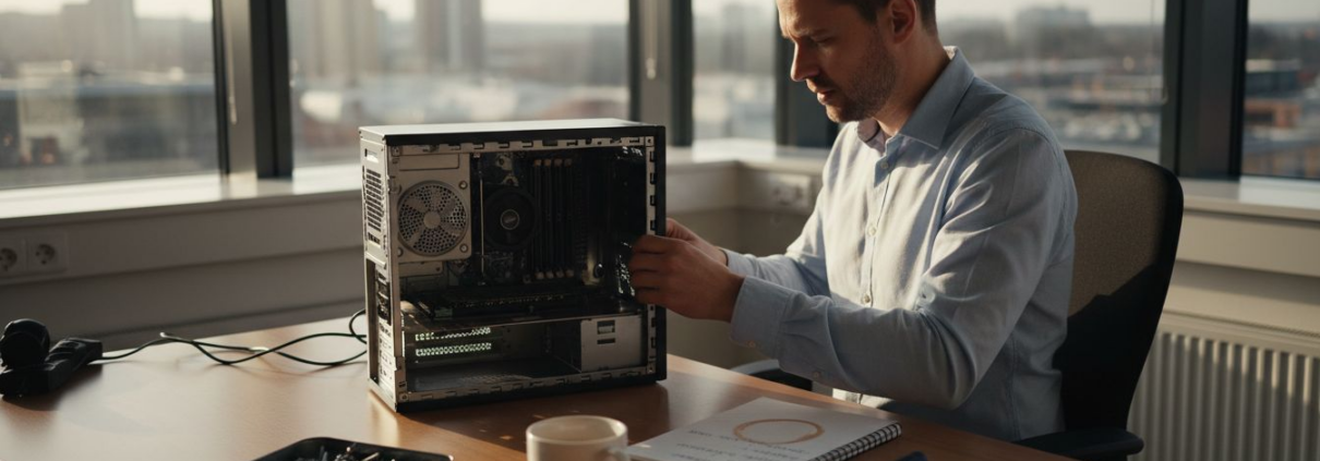 Uppgradera Datorn 2026: 70% Bättre Säkerhet och Prestanda 1 En IT-tekniker arbetar med att uppgradera en dator i ett modernt och ljust kontorslandskap.