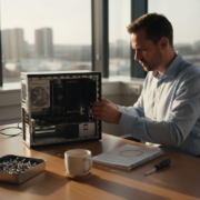 En IT-tekniker arbetar med att uppgradera en dator i ett modernt och ljust kontorslandskap.