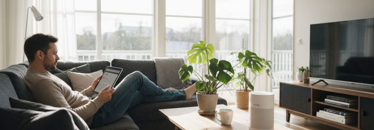 En man sitter i vardagsrummet och surfar trådlöst i solskenet.