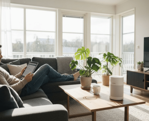 En man sitter i vardagsrummet och surfar trådlöst i solskenet.