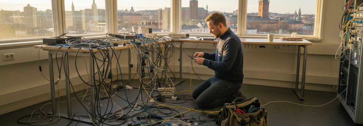 En nätverkstekniker ser över och organiserar serverracket på kontoret i Stockholm.