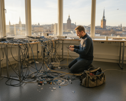 En nätverkstekniker ser över och organiserar serverracket på kontoret i Stockholm.