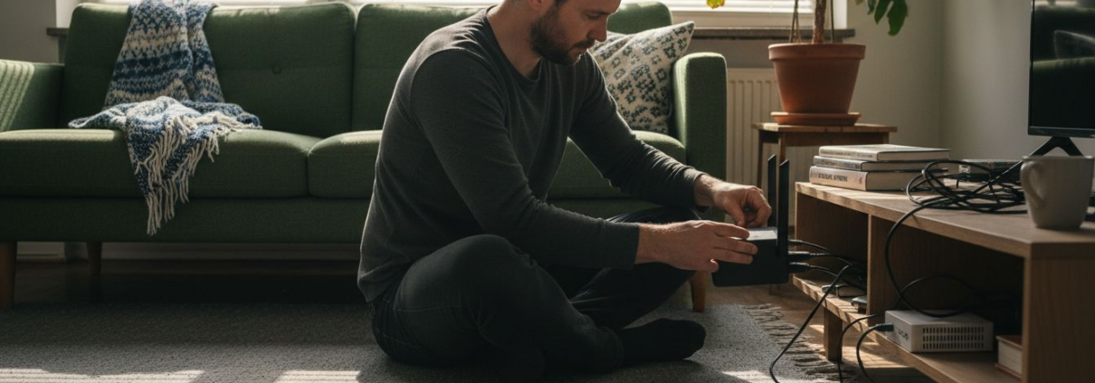 En man sitter på golvet och justerar sin wifi-router hemma.