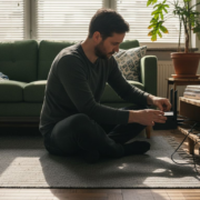 En man sitter på golvet och justerar sin wifi-router hemma.