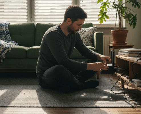 En man sitter på golvet och justerar sin wifi-router hemma.