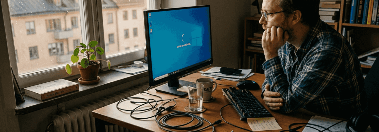En man sitter vid skrivbordet och ser irriterad ut när datorn segar ihop.