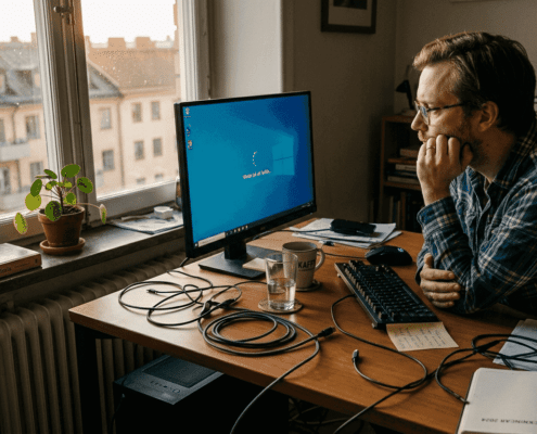 En man sitter vid skrivbordet och ser irriterad ut när datorn segar ihop.