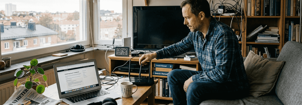 En man försöker få bättre wifi-täckning genom att justera routern bland alla prylar i vardagsrummet.