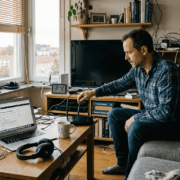 En man försöker få bättre wifi-täckning genom att justera routern bland alla prylar i vardagsrummet.