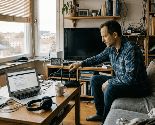 En man försöker få bättre wifi-täckning genom att justera routern bland alla prylar i vardagsrummet.