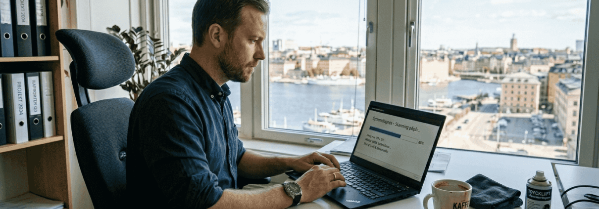 En man som sitter i ett ljust kontor och finslipar datorns prestanda.