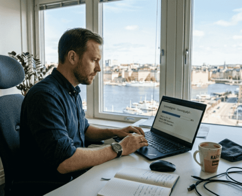 En man som sitter i ett ljust kontor och finslipar datorns prestanda.