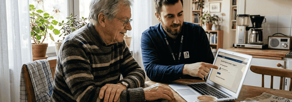 Äldre person får IT-stöd hemma vid köksbordet i Stockholm