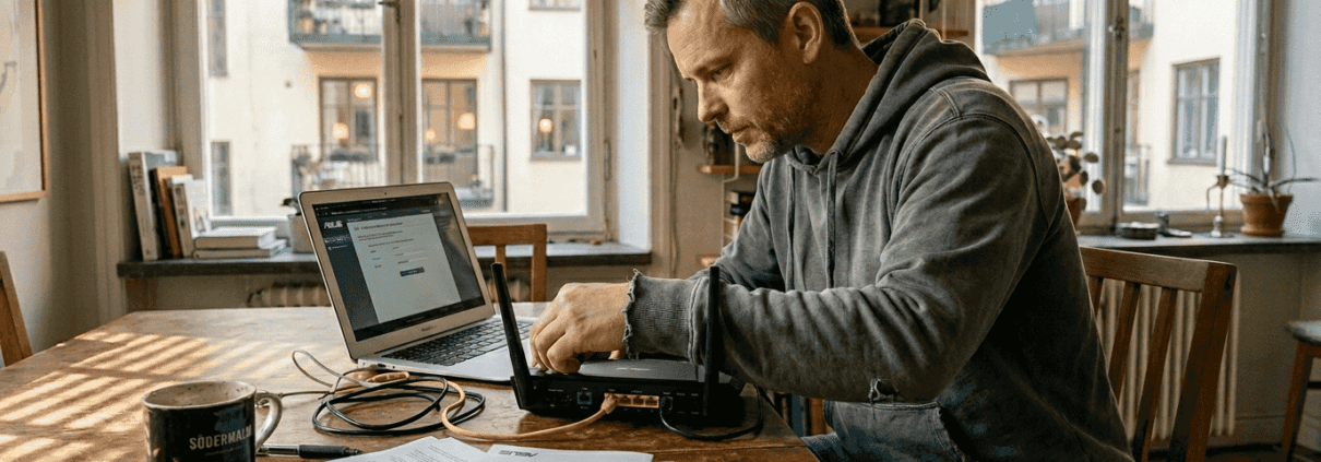 Installerar och ställer in routern hemma i lägenheten på Södermalm