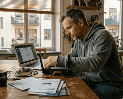 Installerar och ställer in routern hemma i lägenheten på Södermalm