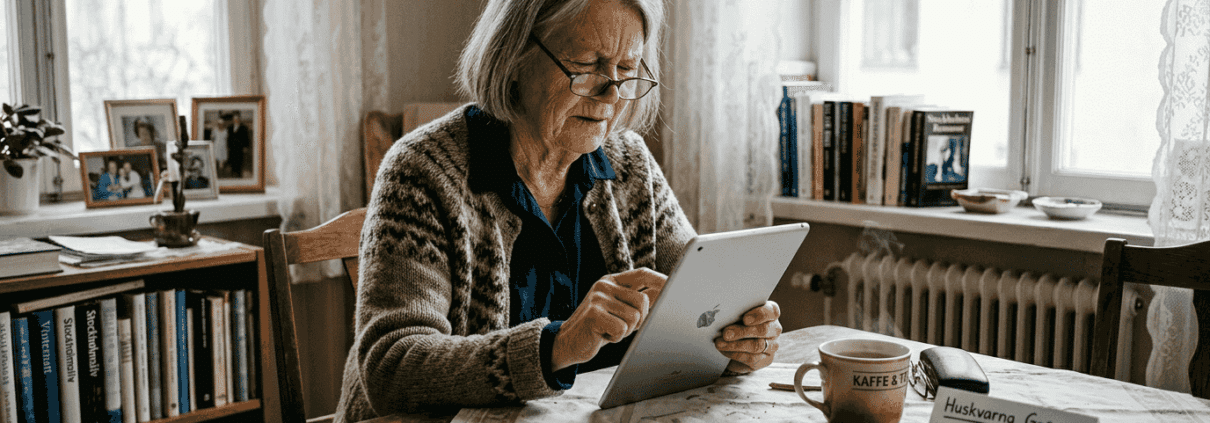 Äldre kvinna sitter hemma i sin Stockholmslägenhet och surfar på sin surfplatta.