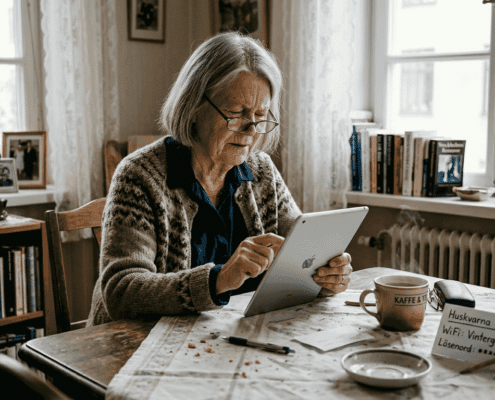 Äldre kvinna sitter hemma i sin Stockholmslägenhet och surfar på sin surfplatta.