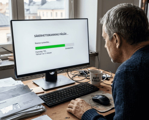 En person sitter vid sitt skrivbord och kör en virussökning på datorn.