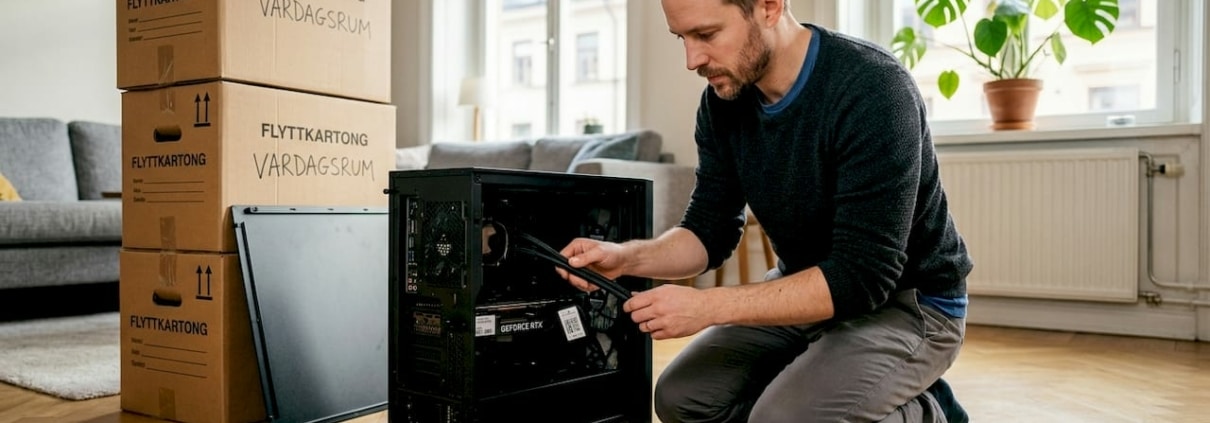 Sitter hemma och sätter upp datorn direkt på golvet