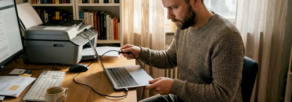 En person håller på att installera en skrivare hemma på sitt kontor.