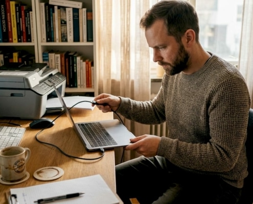 En person håller på att installera en skrivare hemma på sitt kontor.