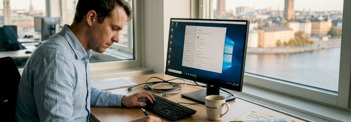 IT-supporttekniker sitter och arbetar vid sina skrivbord på kontoret i Stockholm.