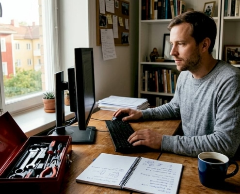 En person sitter hemma och försöker få ordning på sin strulande dator.
