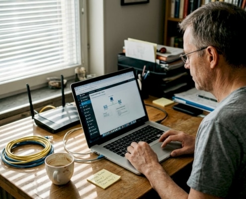 Man ser över säkerheten i sitt hemnätverk vid datorn