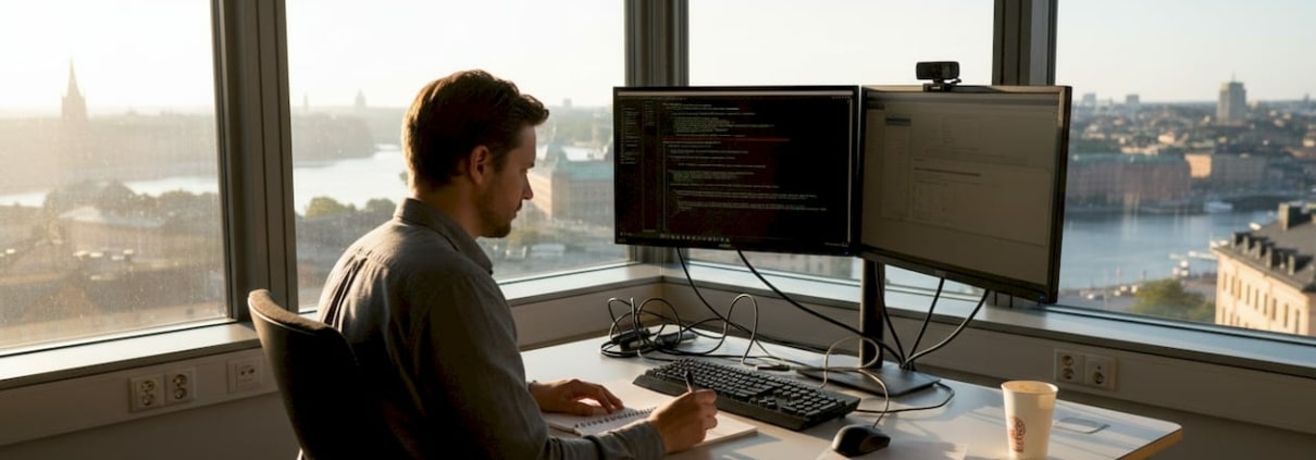 En IT-tekniker arbetar vid sitt skrivbord på ett kontor i Stockholm.