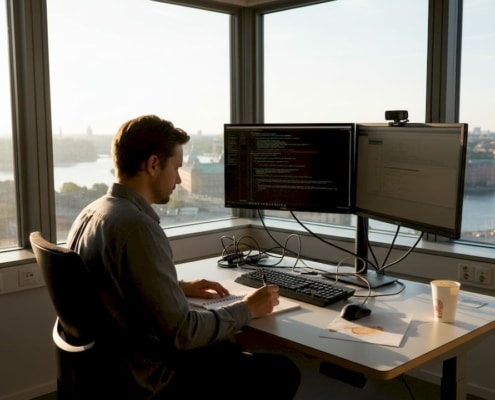 En IT-tekniker arbetar vid sitt skrivbord på ett kontor i Stockholm.