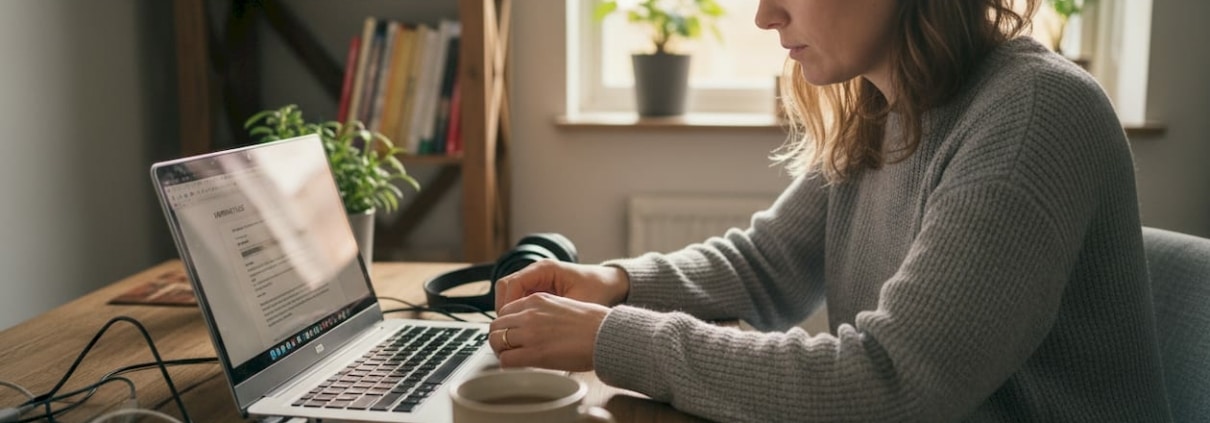 Kvinna gör en backup på datorn hemma vid skrivbordet