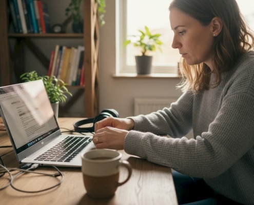 Kvinna gör en backup på datorn hemma vid skrivbordet