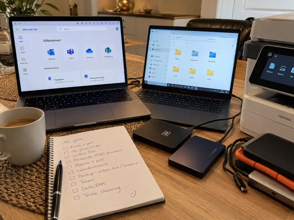 Två datorer med Microsoft 365 och OneDrive, externa hårddiskar och en att göra-lista inför flytten