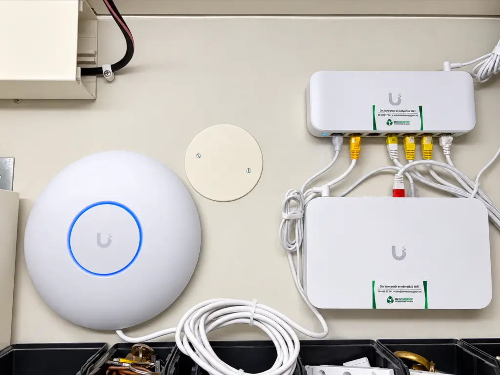 UniFi-accesspunkt, Cloud Gateway Fiber och PoE-switch på väggen i en villa på Lidingö