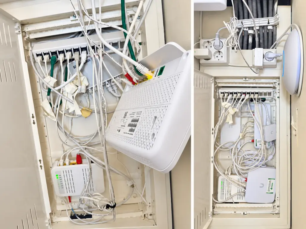 Mediaskåp före och efter: operatörens router hänger löst bland kablarna, efteråt UniFi Cloud Gateway Max, PoE-switch och en U7 Pro Max på väggen