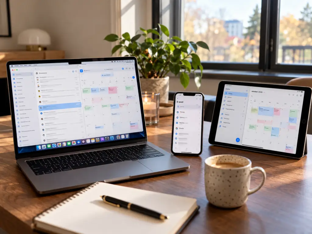 MacBook, iPhone och iPad med e-post och kalender i Outlook på ett skrivbord